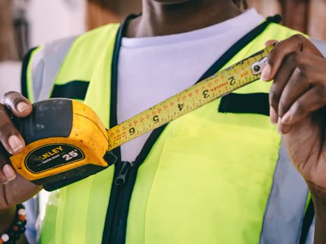 Detail of hands holding a measuring tape in a work environment.